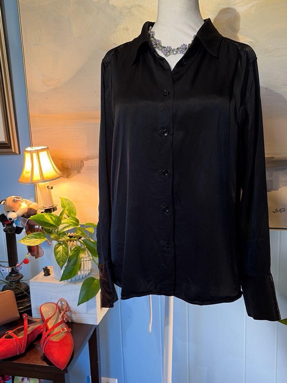 Zara Black Satin Button-Down Shirt